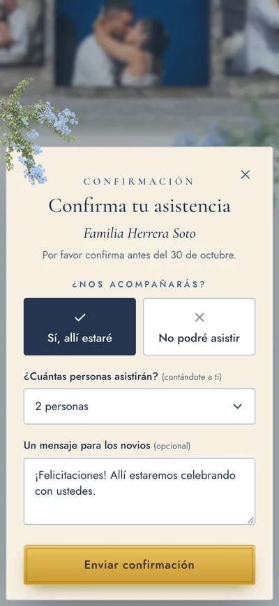 Invitación de boda en el celular: formulario para confirmar asistencia y número de personas